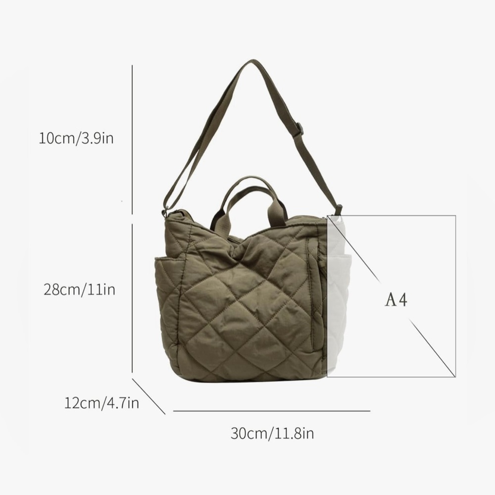 Quilted Olive Green Tote Bag - Lightweight Shoulder & Hand Carry - Picture 6 of 6